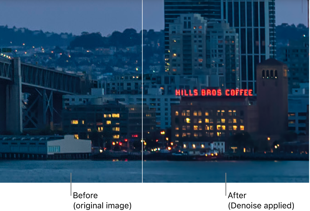 Split-view comparison of a photo in the canvas with and without the Denoise adjustment applied.