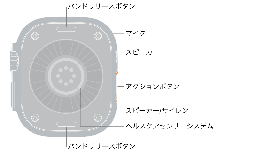 Apple Watch Ultra 4の背面。上下にバンドリリースボタンがあります。側面には、マイク、スピーカー、健康状態センサーシステム、アクションボタン、サイレンが鳴るスピーカーポートがあります。