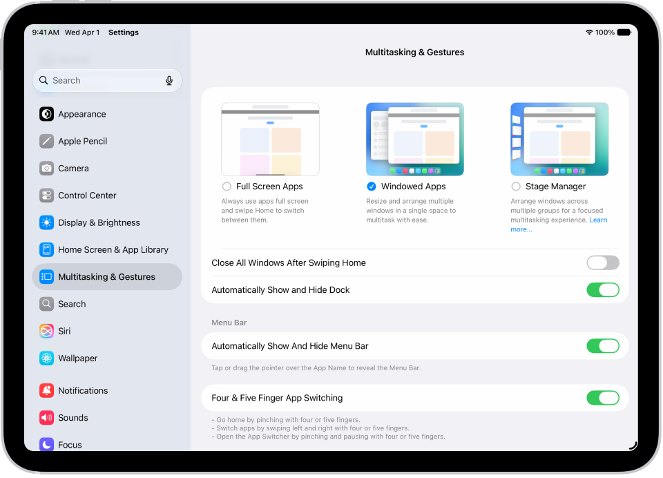 Une fenêtre d’iPad affichant les réglages «&nbsp;Multitâche et gestes&nbsp;».