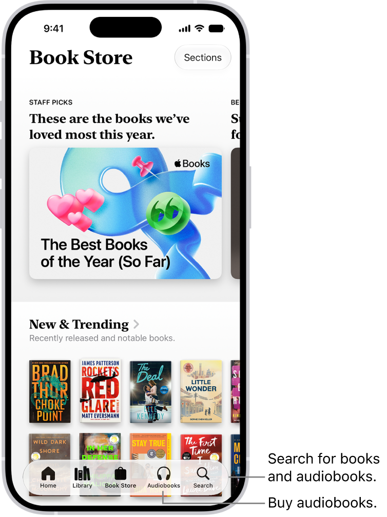 The Book Store screen in the Books app. At the bottom of the screen are, from left to right, the Home, Library, Book Store, Audiobooks, and Search tabs. The Book Store tab is selected.