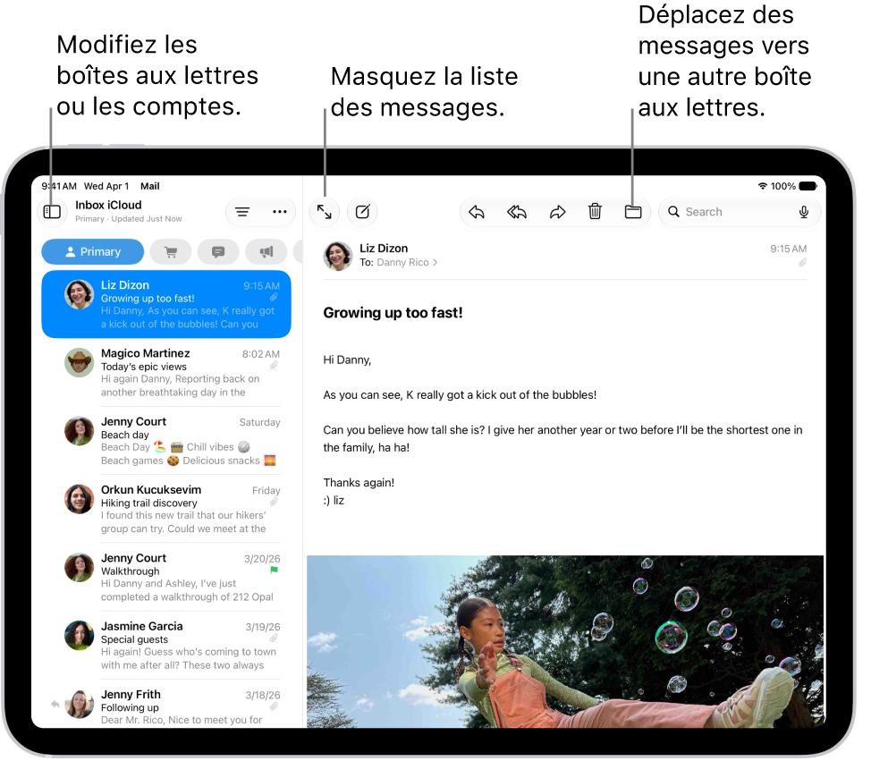 La boîte de réception de Mail avec la liste des e-mails sur la gauche et un e-mail ouvert sur la droite.