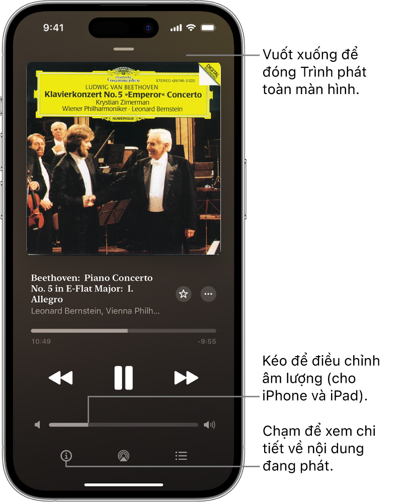 Một iPhone đang hiển thị màn hình Đang phát trong Apple Music Classical. Ở đầu màn hình là một thanh màu xám mà bạn chạm vào để ẩn màn hình Đang phát và chuyển đổi trở lại MiniPlayer. Bên dưới thanh là một hình minh họa album, tên của tác phẩm và dòng thời gian cho biết thời lượng của bản nhạc và khoảng thời gian đã trôi qua. Ở phần phía dưới của màn hình là các nút Bỏ qua về phía sau, Tạm dừng và Bỏ qua về phía trước, điều khiển âm lượng, cũng như các nút Thông tin, AirPlay và Phát tiếp theo.