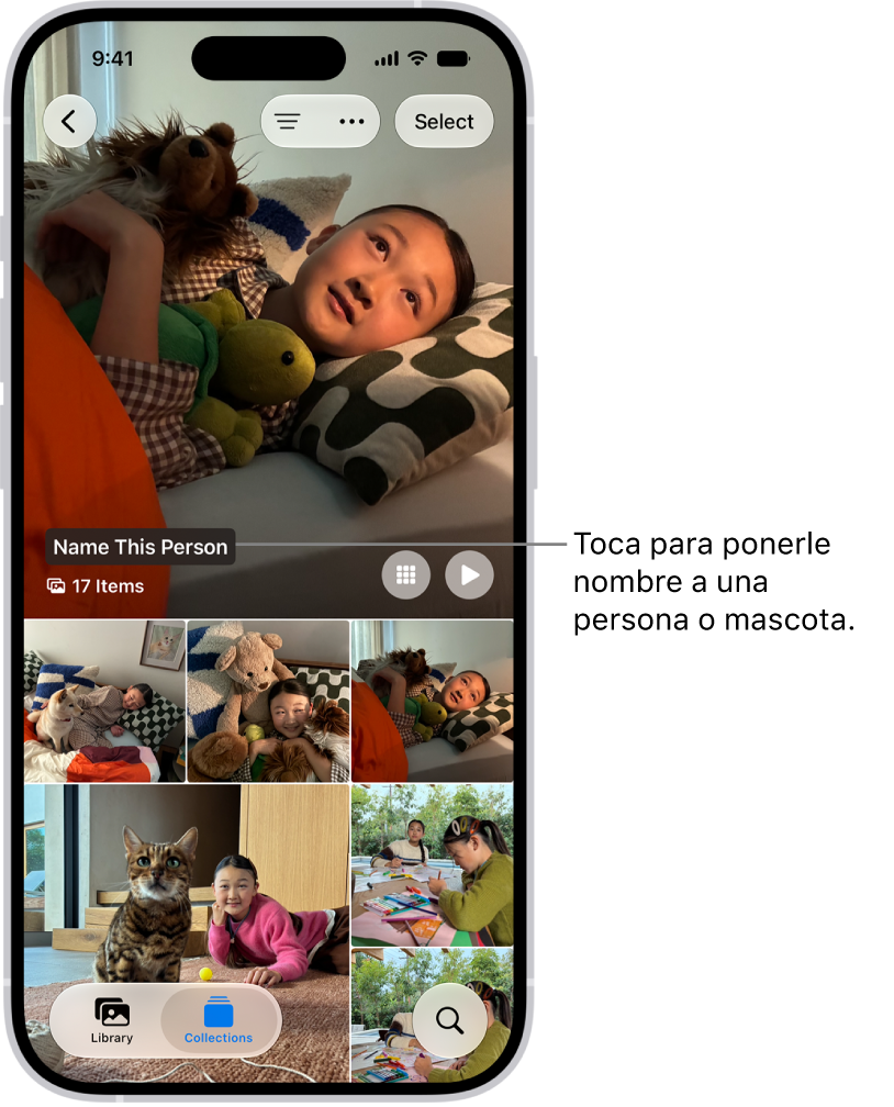 La colección Personas y mascotas en la app Fotos. Los grupos aparecen en la parte superior y las personas y las mascotas aparecen debajo.