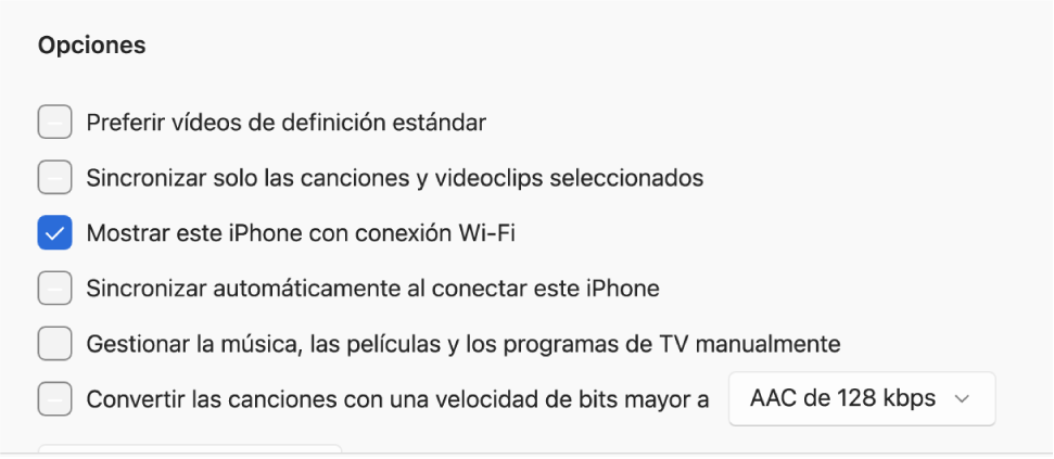 Las opciones de sincronización para gestionar contenido.
