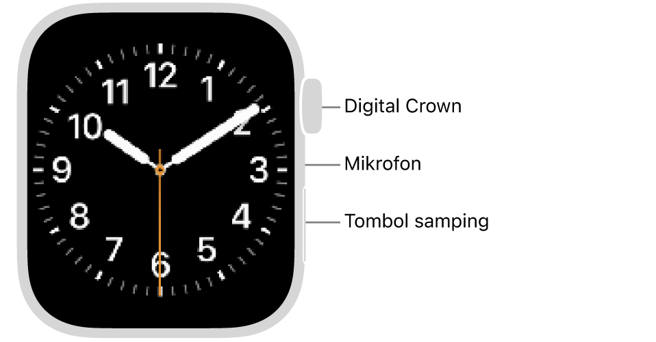Bagian depan Apple&nbsp;Watch Series&nbsp;9, dengan layar yang menampilkan wajah jam, dan Digital Crown, mikrofon, dan tombol samping dari bagian atas ke bawah di bagian samping jam.