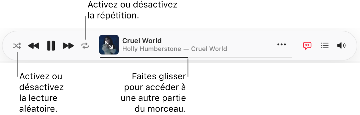 La partie supérieure d’Apple&nbsp;Music avec un morceau en cours de lecture. Les commandes de lecture se trouvent tout à gauche.