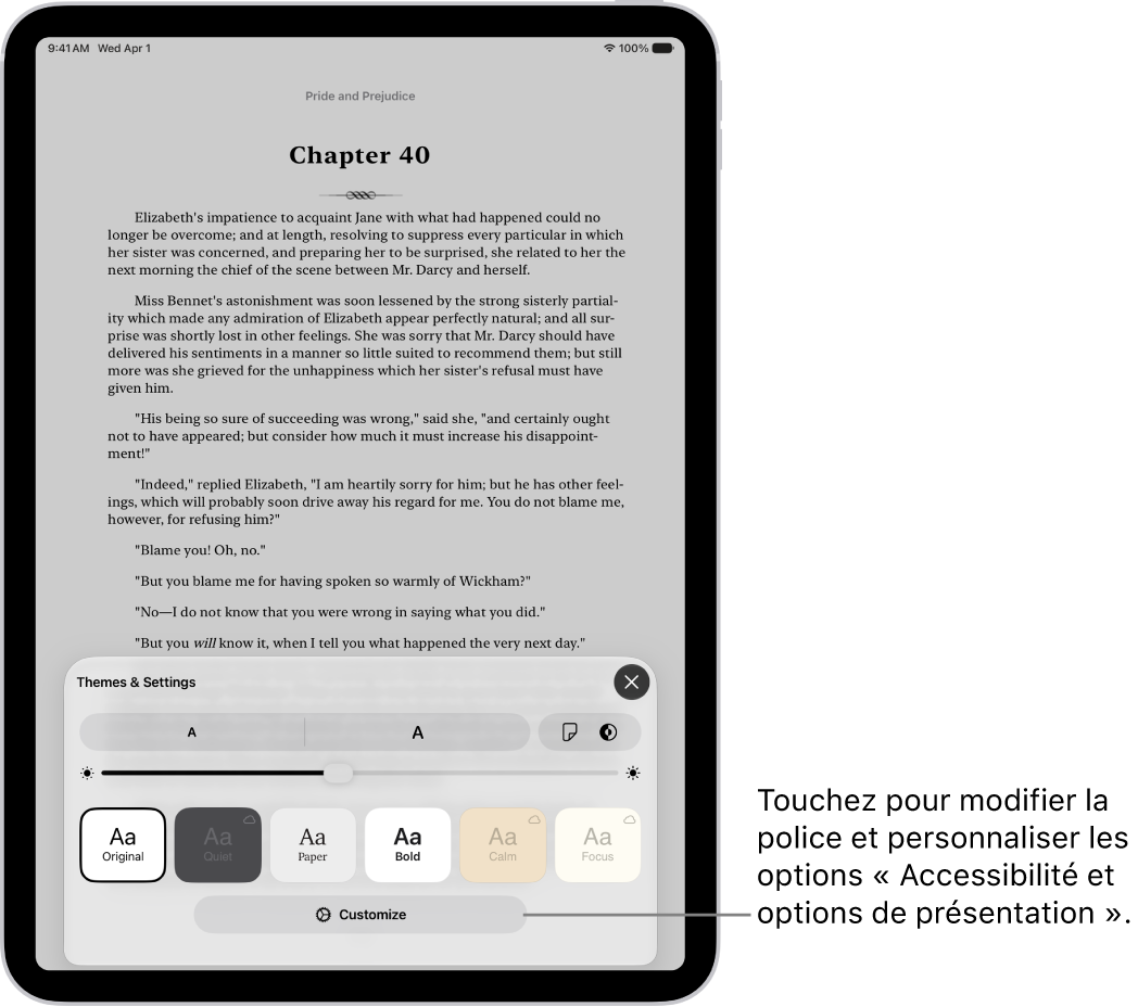 Une page d’un livre dans l’app Livres. Les options Thèmes et réglages affichant des commandes pour la taille de la police, la disposition du défilement, le style de défilement des pages, la luminosité et les styles de police.