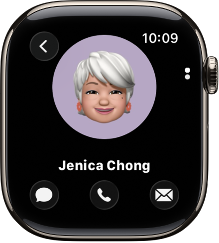 La app Contactos mostrando un contacto. La foto del contacto está en medio de la pantalla con el nombre debajo de ella. Los botones Teléfono, Mensajes y Más opciones aparecen debajo. El botón Atrás está en la esquina superior izquierda.