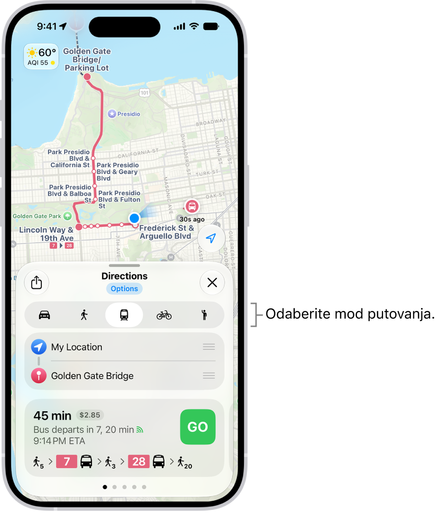 Karta koja prikazuje nekoliko opcija ruta između dvije lokacije, s tipkama za odabir drugih načina putovanja, zamjenu polazišta i odredišta te prikaz uputa kao koraka.