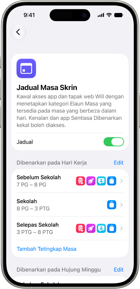 Skrin Jadual Masa Skrin dalam Seting Masa Skrin, menunjukkan jadual untuk hari bekerja dengan tetingkap masa untuk Sebelum Sekolah, Sekolah dan Selepas Sekolah.