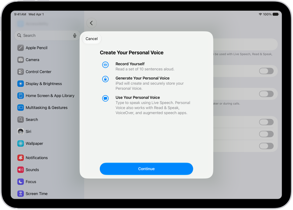 An iPad with information about how to create a Personal Voice.