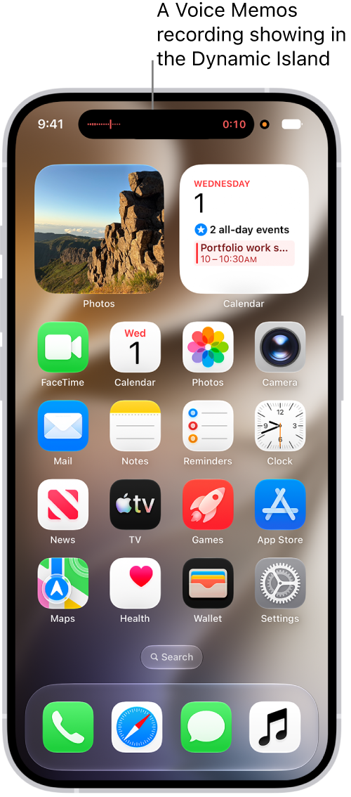An iPhone Home Screen, showing a live Voice Memo recording in the Dynamic Island at the top of the screen.