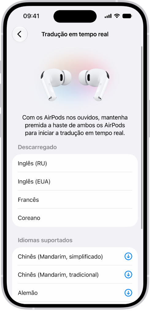 O ecrã “Idiomas” nas definições da aplicação Traduzir dos AirPods a mostrar uma lista de idiomas descarregados e suportados.