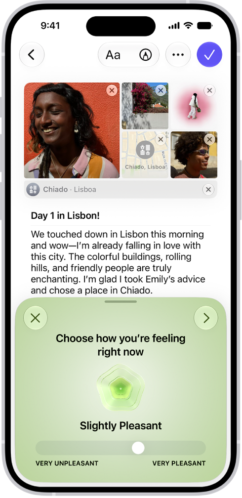 A screen in the Journal app showing an entry with a section at the bottom where you can log your state of mind.