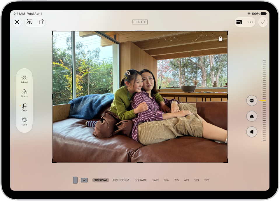 “照片” App 中的“编辑”屏幕，中间是一张照片。 屏幕左侧是“调整”、“滤镜”和“裁剪”按钮；其中“裁剪”按钮已选中。 屏幕右侧是裁剪增强选项以及一个用于调整效果级别的滑块。