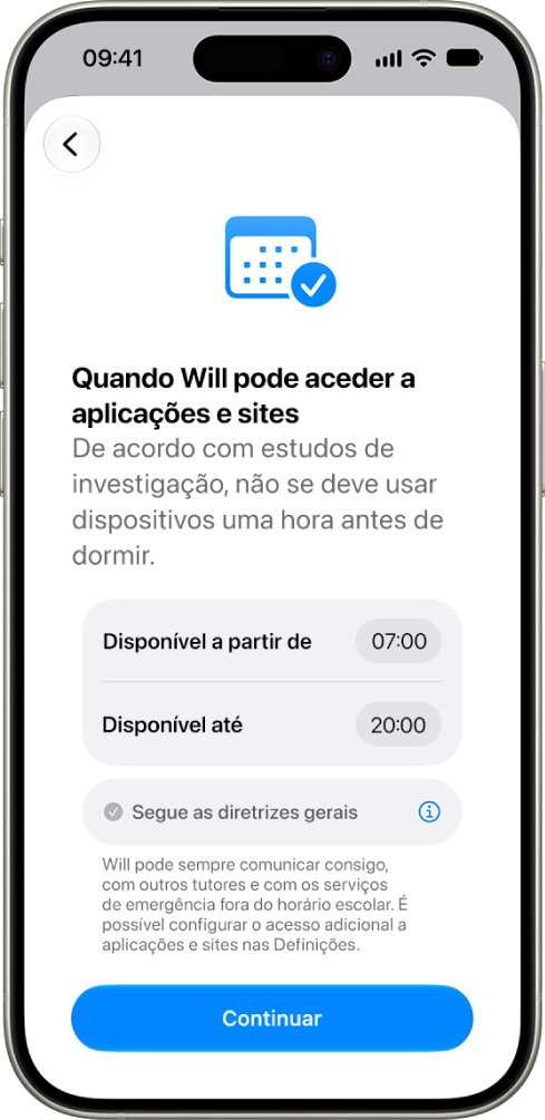 O ecrã de configuração dos controlos parentais a mostrar as horas a que uma criança pode aceder ao dispositivo.
