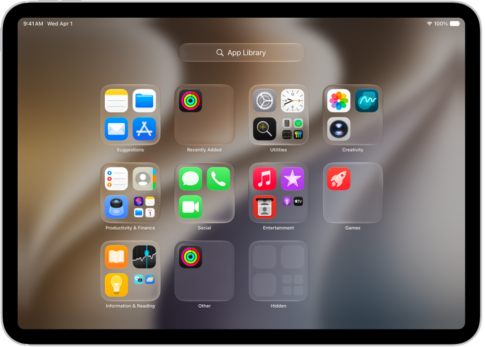 iPad 上的 App 资源库显示按类别（“娱乐”、“效率与财务”等）整理的 App。