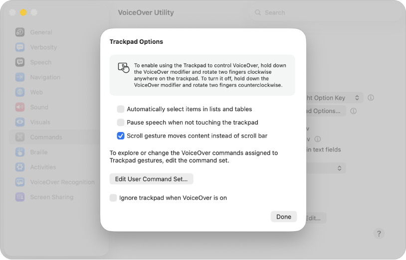 A dialog in VoiceOver Utility showing settings for using the trackpad to control VoiceOver.