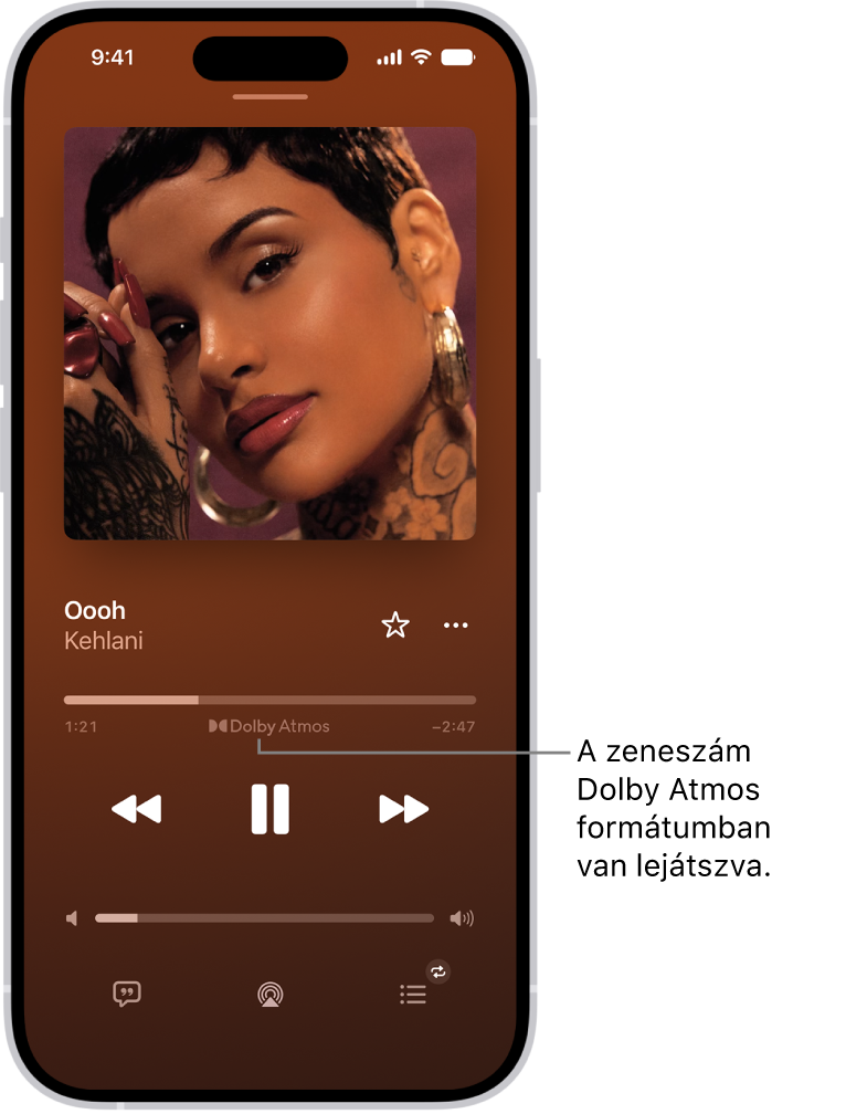 A Lejátszás alatt képernyő a lejátszás alatt álló számmal és a Dolby Atmos ikonnal.
