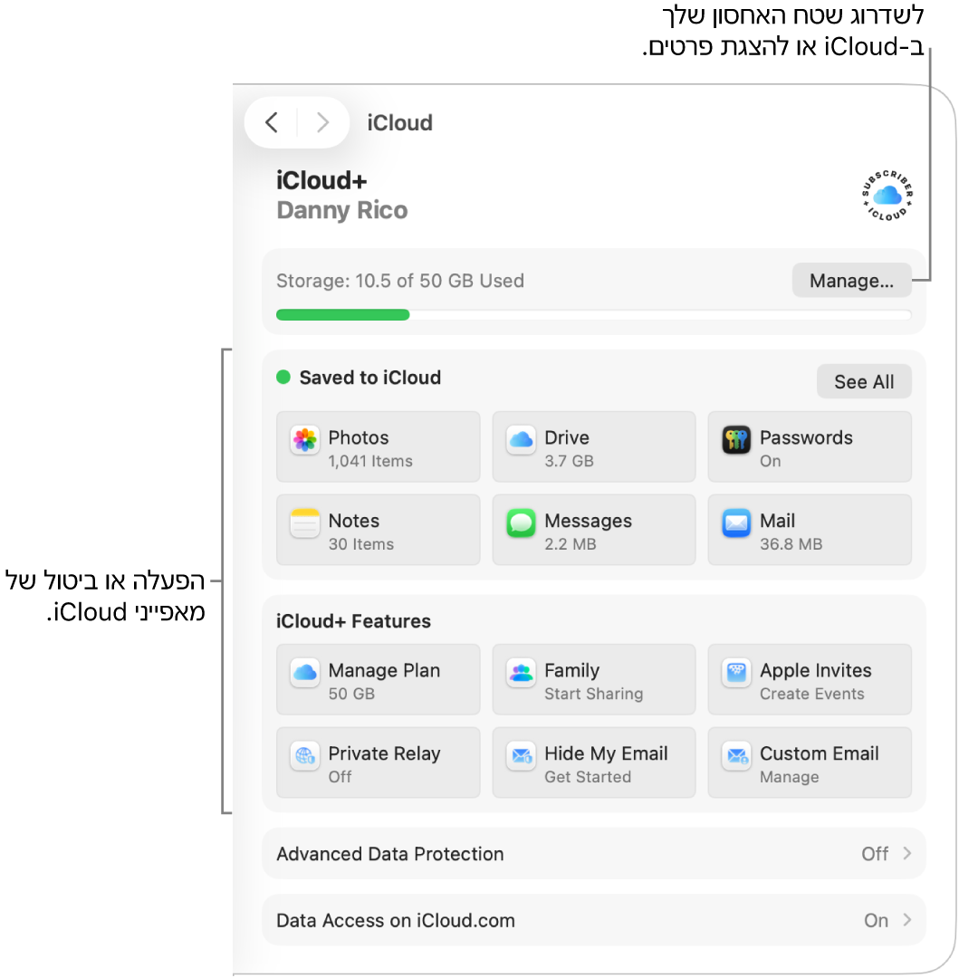 הגדרות iCloud עבור המאפיינים הנפוצים ביותר.