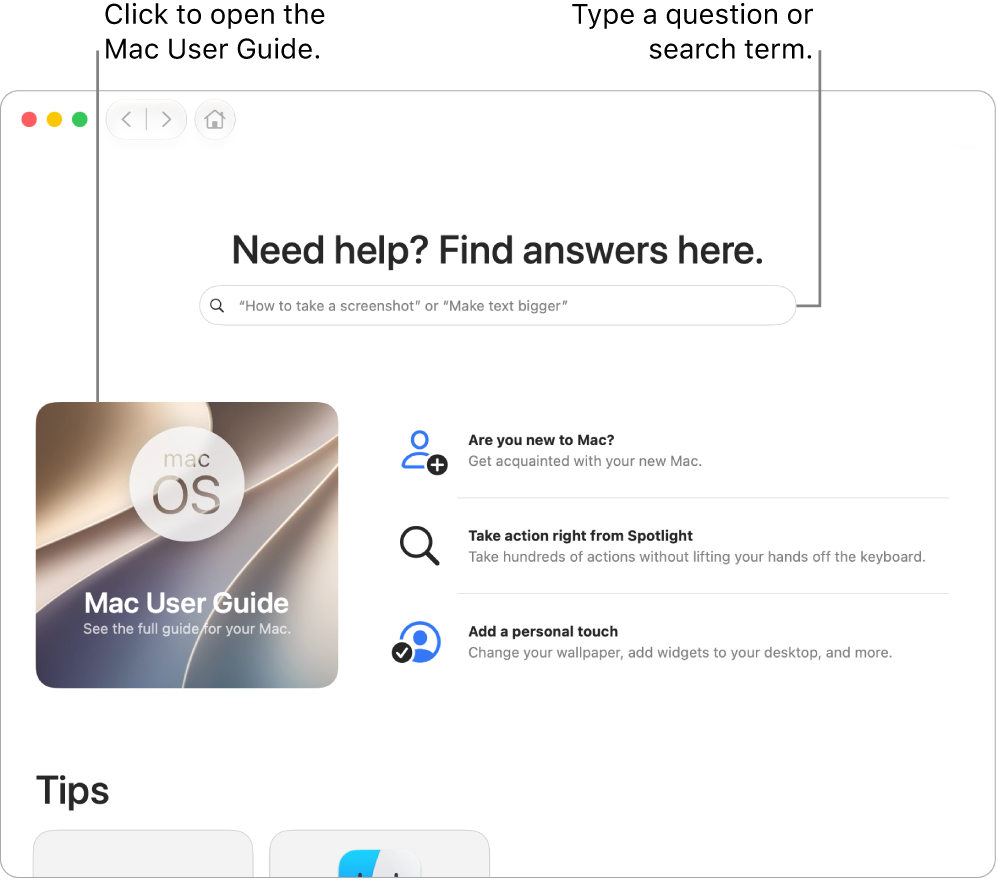 The Tips App Landing page showing the Mac User Guide, the search field, and suggested topics.