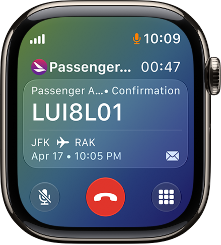 The call screen, showing a Call Context card with a flight confirmation.