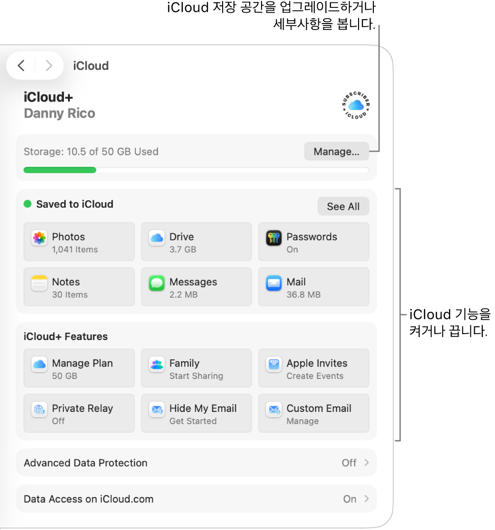 가장 자주 사용하는 기능에 대한 iCloud 설정.