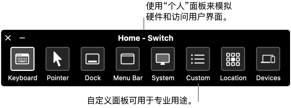“切换控制”的“个人面板”，从左到右包括的按钮分别用于控制键盘、指针、程序坞、菜单栏、系统控制、自定义面板、屏幕定位和其他设备。