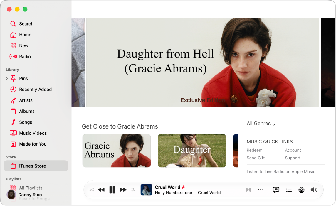 The iTunes Store main window: in the sidebar, iTunes Store is highlighted.
