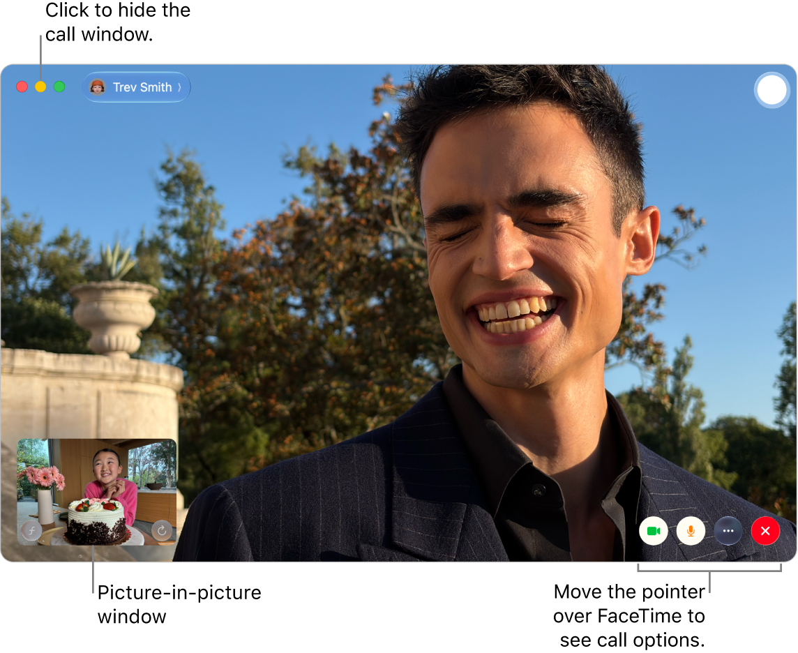 Move the pointer over the FaceTime window to see the Sidebar, Camera, Mute, Screen Share, End Call, and Live Photo buttons. Click the middle button in the top-left corner to hide the call window. The picture-in-picture window appears in the bottom-left corner.