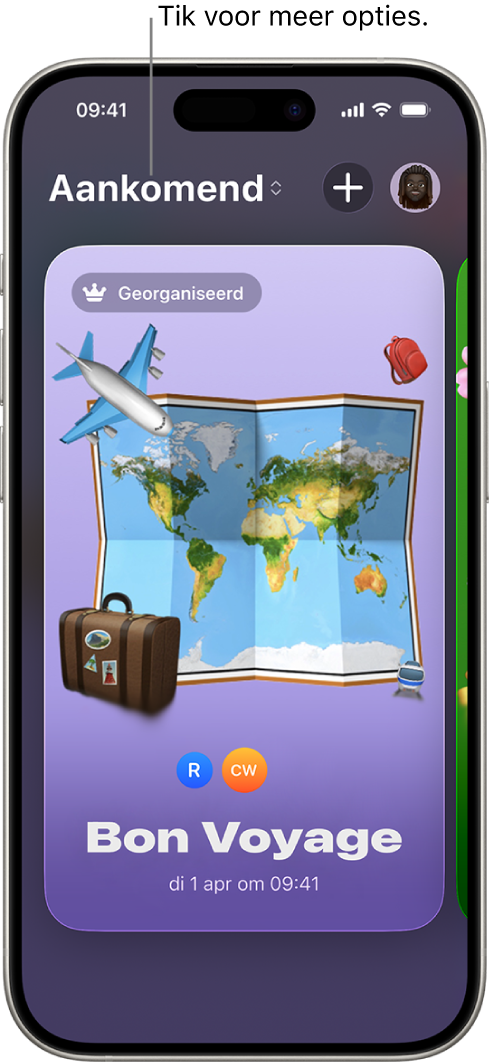 Een scherm in de app Uitnodigingen met een aankomend evenement.
