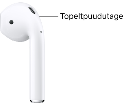 AirPods&nbsp;1 ja 2 topeltpuudutamise asukoht varre ülaosas.
