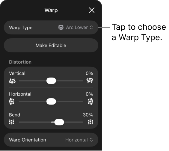 The Warp pane showing warp types and slider controls.