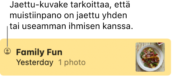 Muistiinpano, joka on jaettu muiden kanssa. Muistiinpanon nimen vasemmalla puolella on Jaettu-kuvake.