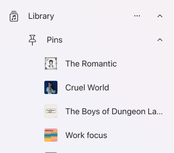 The Music sidebar showing a list of items that have been pinned in the library.