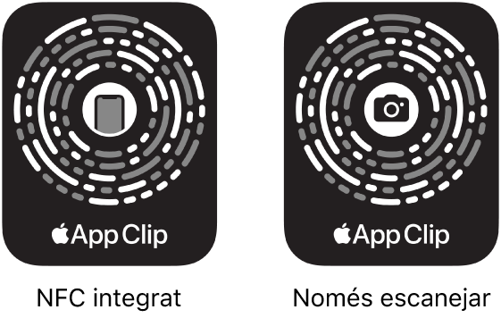 A l’esquerra hi ha un codi de clip d’app integrat en una etiqueta NFC amb la icona de l’iPhone al centre. A la dreta hi ha un codi d’app clip que només es pot escanejar, amb la icona d’una càmera al centre.