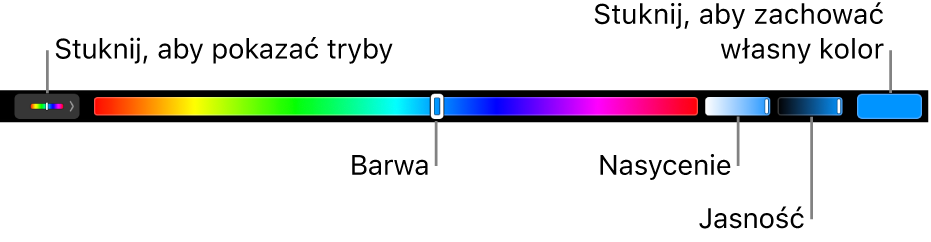 Pasek Touch&nbsp;Bar z&nbsp;suwakami barwy, nasycenia i&nbsp;jasności w&nbsp;trybie HSB. Po lewej stronie widoczny jest przycisk wyświetlający wszystkie tryby, natomiast po prawej znajduje się przycisk pozwalający na zachowanie własnego koloru.