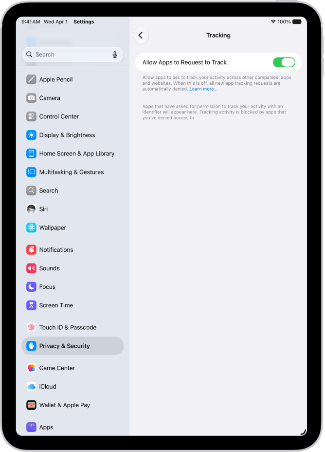 The Tracking screen, with a setting to control whether apps can ask to track you across websites or apps owned by other companies.