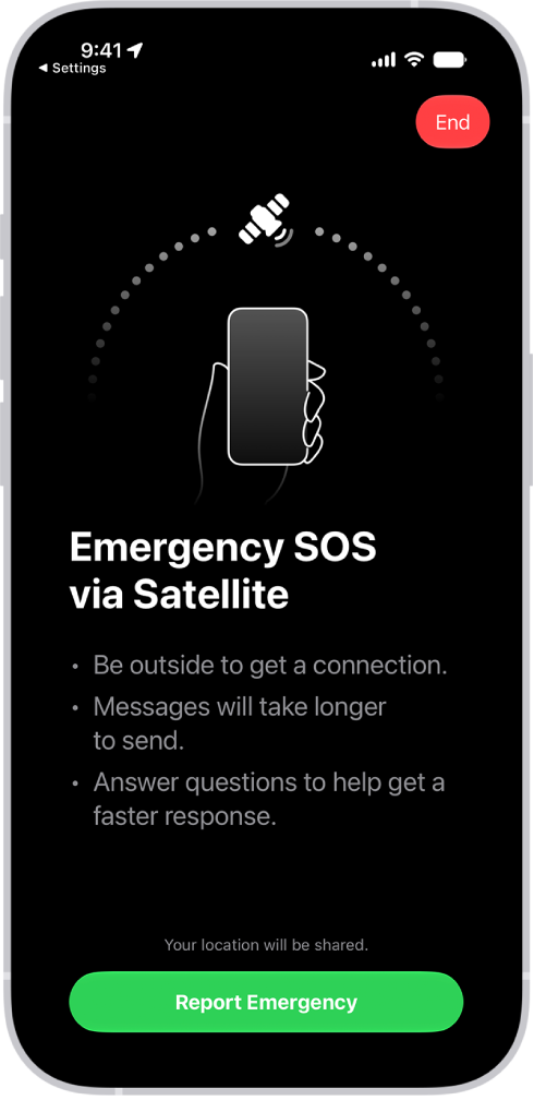 The Emergency SOS screen, showing that the phone is connected and instructing the user to keep pointing at the satellite. The Report Emergency button is at the bottom of the screen.