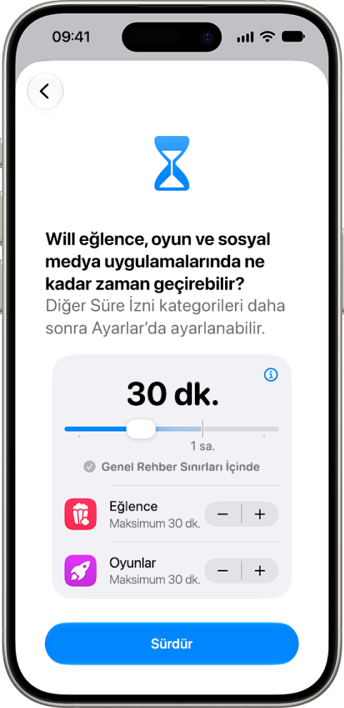 Sosyal Medya ve Eğlence gibi uygulama kategorilerinde izin verilen süreyi gösteren ebeveyn denetimleri ayarlama ekranı.
