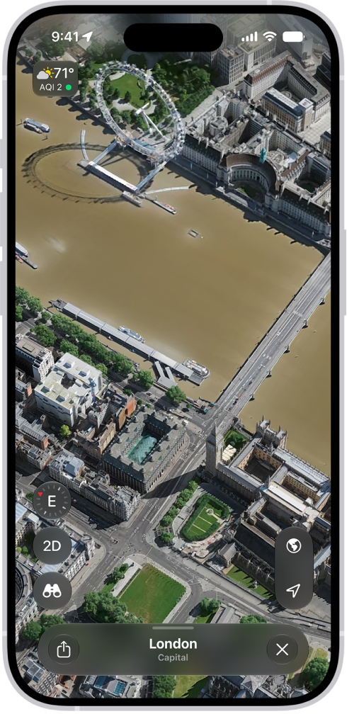A 3D map in the Maps app, showing details of a city.