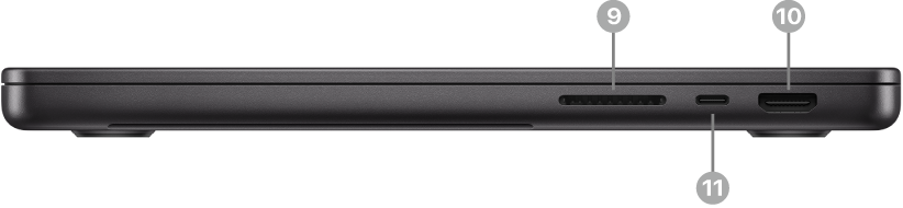The right side of MacBook Pro showing the SDXC card slot, Thunderbolt (USB-C) port, and HDMI port.
