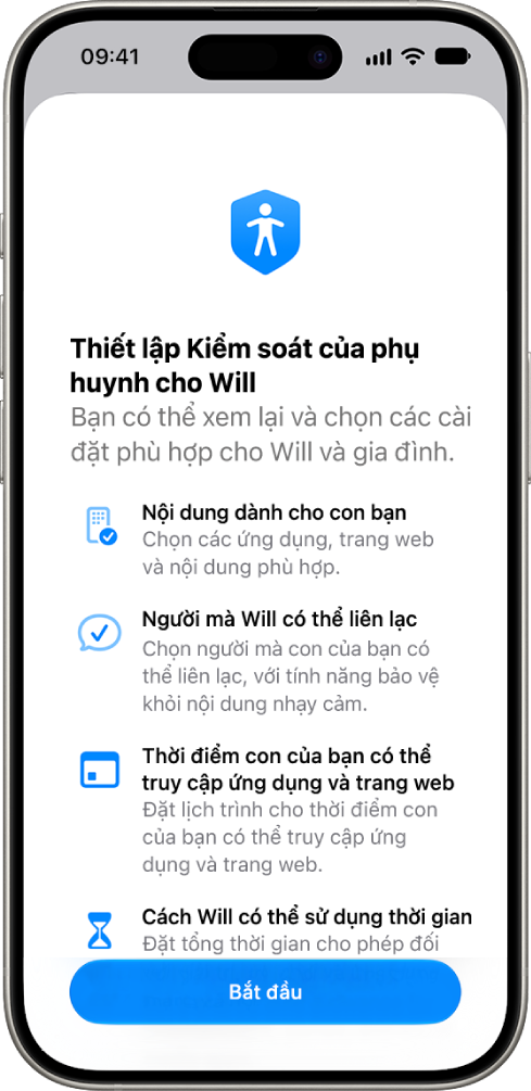 Màn hình thiết lập kiểm soát của phụ huynh với các tùy chọn để bắt đầu.