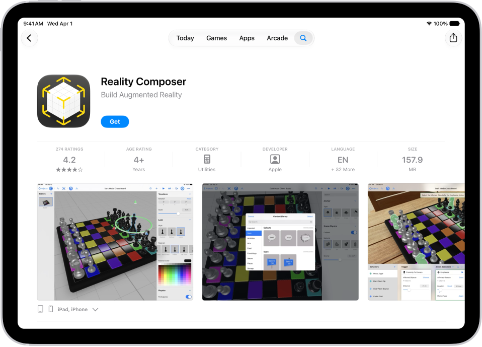 Die Informationsseite für eine App im App&nbsp;Store. Die Seite zeigt die Taste „Laden“, Bewertungen, Altersbeschränkungen, das Entwicklungsteam, Bildschirmfotos und mehr an. Oben in der Mitte befinden sich von links nach rechts die folgenden Tasten: „Heute“, „Spiele“, „Apps“, „Arcade“ und „Suchen“.