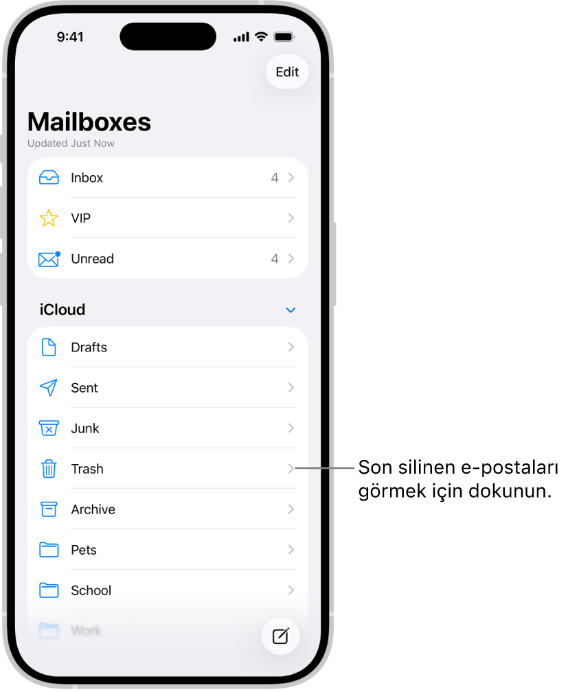 Posta Kutuları ekranı. iCloud’un altında, Çöp Sepeti posta kutusu da dahil olmak üzere posta kutuları üstten alta doğru listelenir. Son silinen iletileri görmek için dokunun.