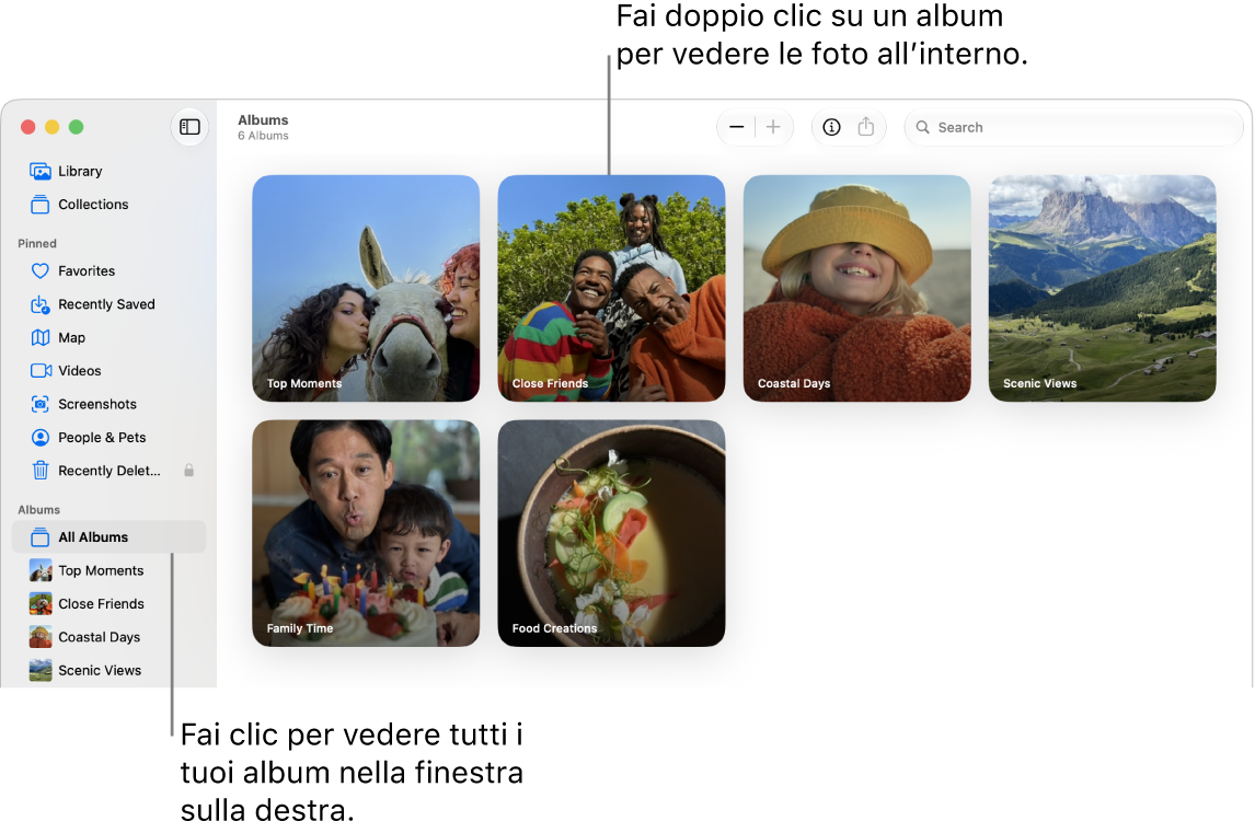 La finestra di Foto con l’opzione Album selezionata nella barra laterale e gli album visualizzati sulla destra.