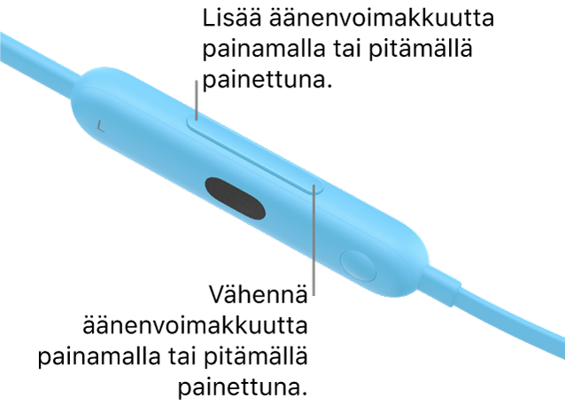 Kuva Beats&nbsp;Flex -kuulokkeiden vasemmasta säätömoduulista, jossa näkyy äänenvoimakkuuspainike.