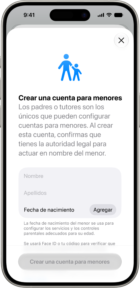 La pantalla Crear una cuenta para menores, mostrando opciones para agregar un nombre, apellido y fecha de nacimiento.