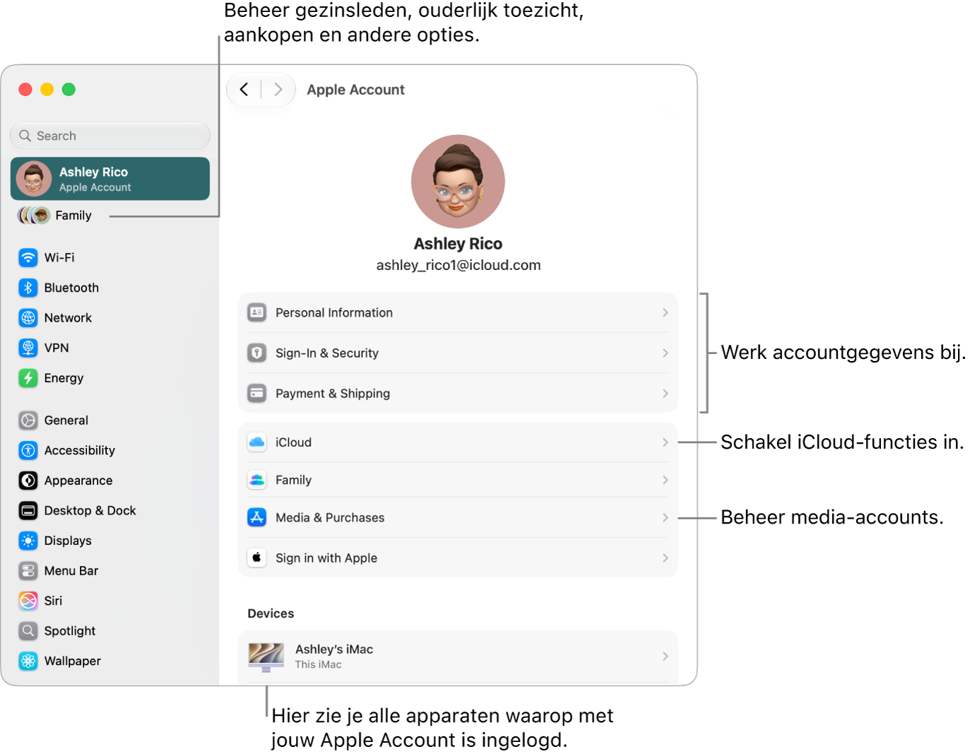 De instellingen voor 'Apple&nbsp;Account' in Systeeminstellingen, met bijschriften voor de opties waarmee je je accountgegevens bijwerkt, iCloud-functies in- of uitschakelt en media-accounts beheert. Verder de instellingen voor 'Gezin', waarmee je gezinsleden, ouderlijk toezicht, aankopen en andere opties beheert.
