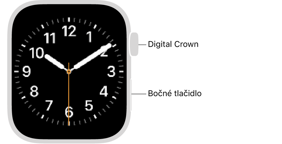 Predná strana hodiniek Apple&nbsp;Watch s&nbsp;korunkou Digital&nbsp;Crown hore na pravej strane hodiniek a&nbsp;bočným tlačidlom vpravo dole.